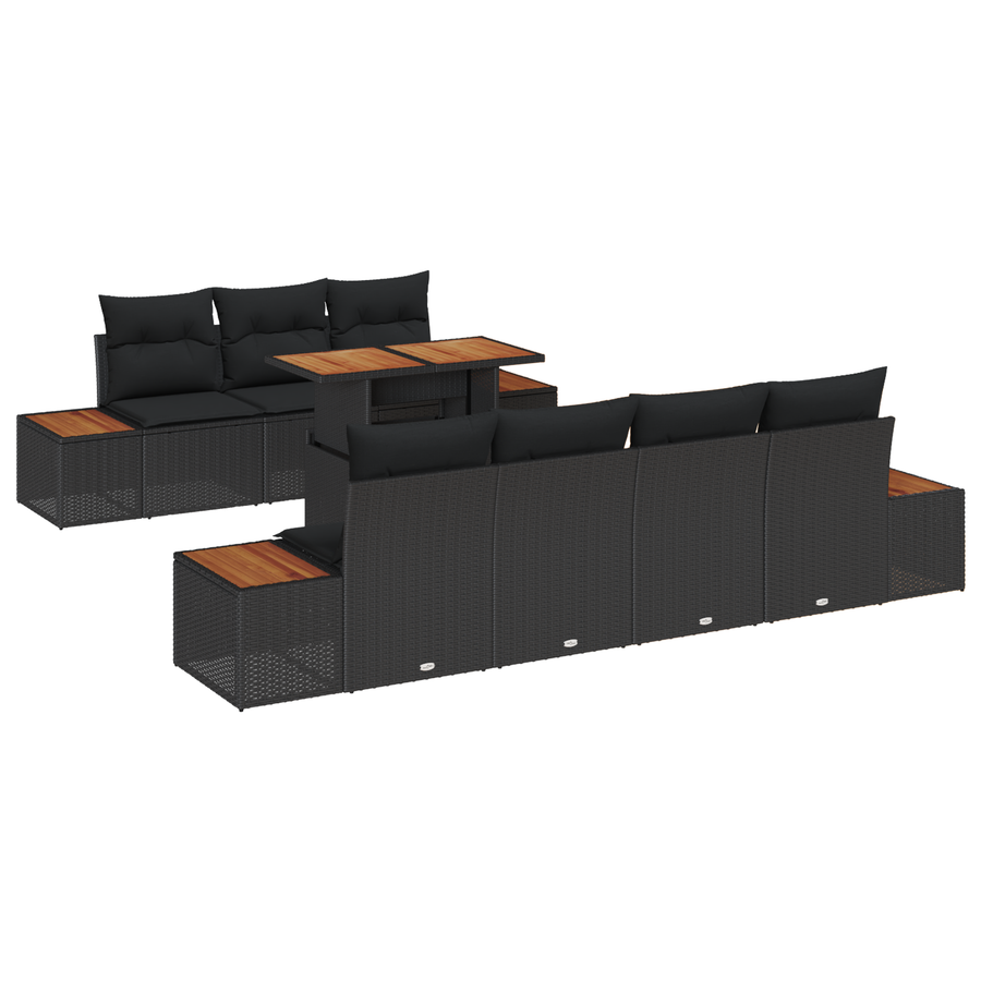 8-delige tuinsofa set met kussens in zwart poly rattan