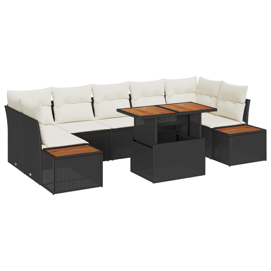 8-delige tuinset met kussens in zwart poly rattan