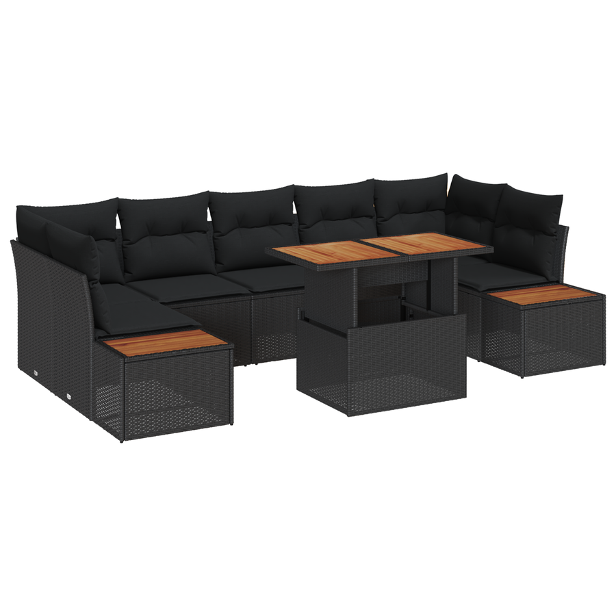 8-delige tuinbankset met kussens in zwart poly rattan