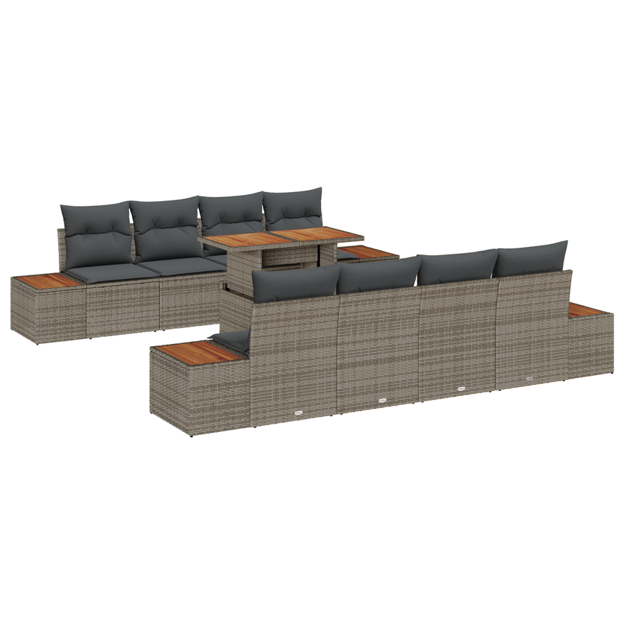 9-delige tuinset met kussens in grijs poly rattan