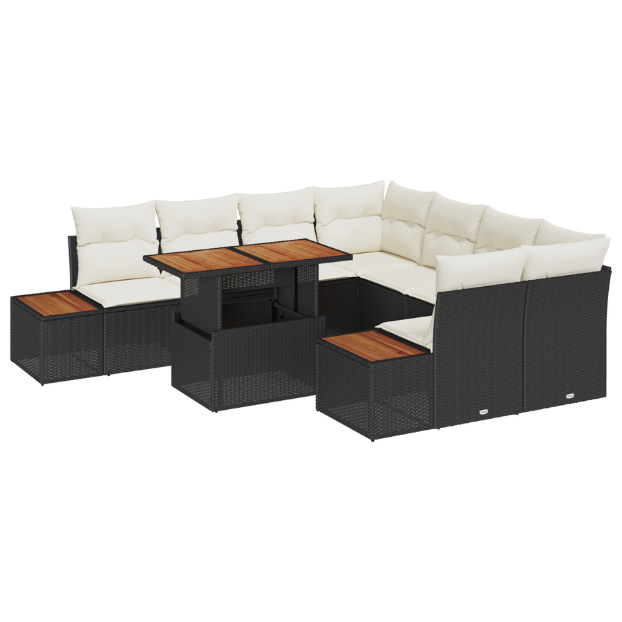 9-delige tuinset met kussens - zwart poly rattan