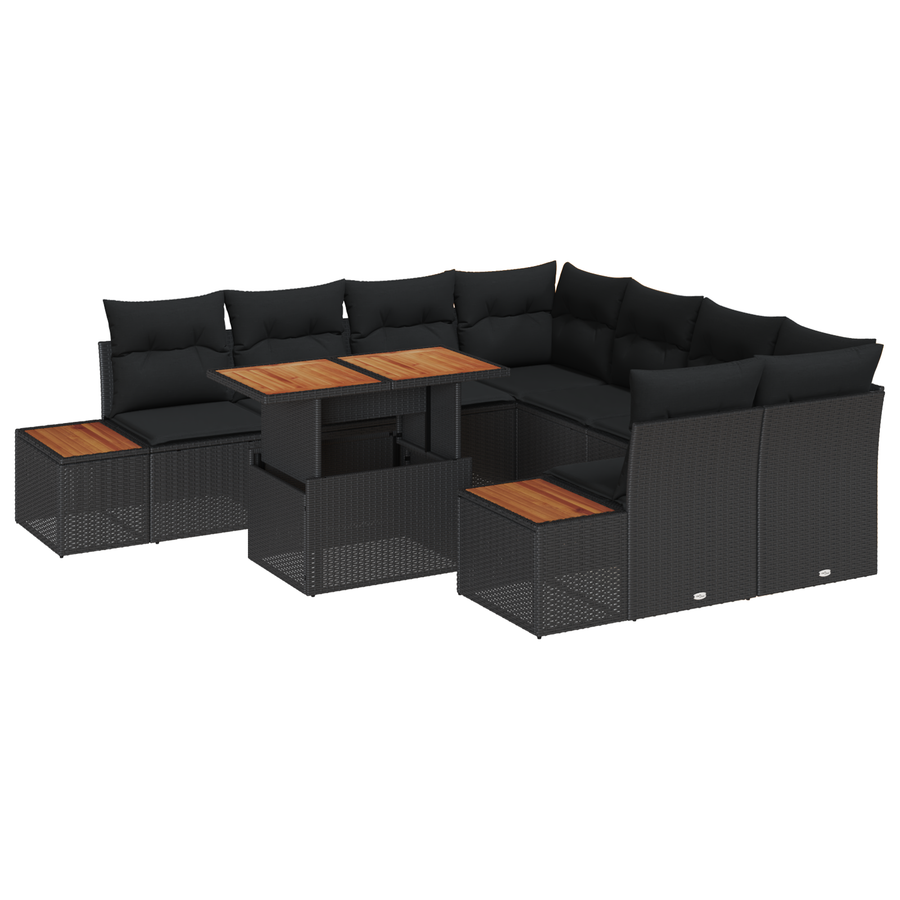 9-delige tuinbankset met kussens zwart poly rattan