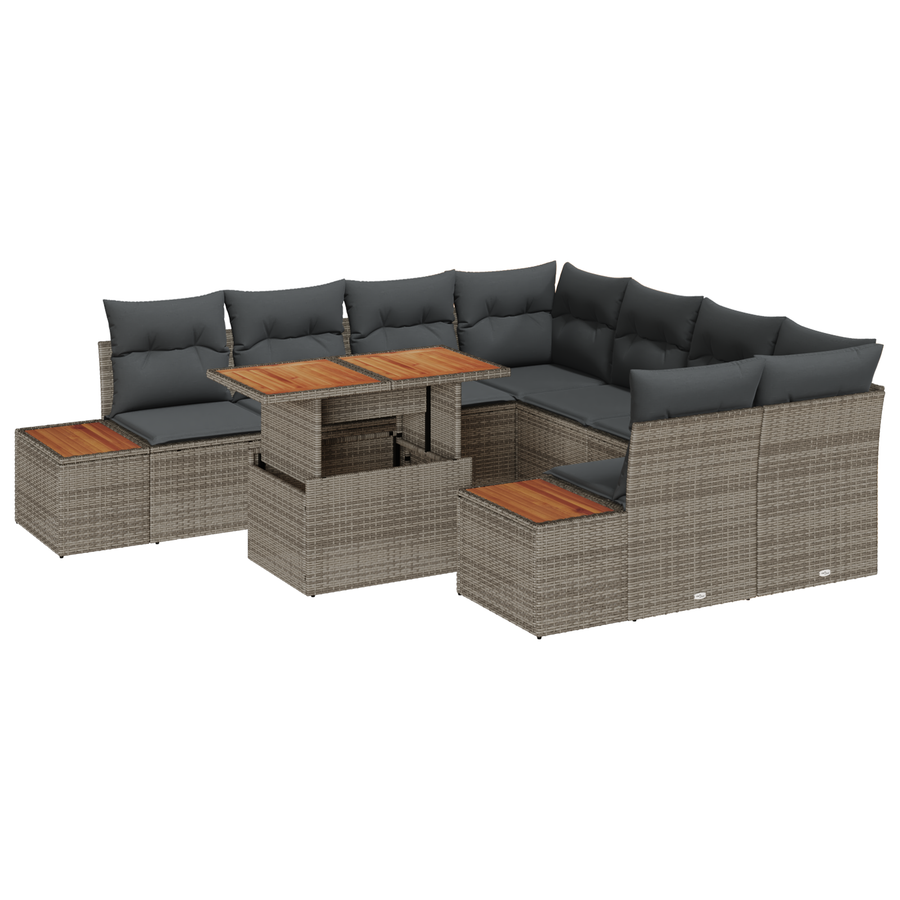 9-delige tuinset met kussens in grijs poly rattan