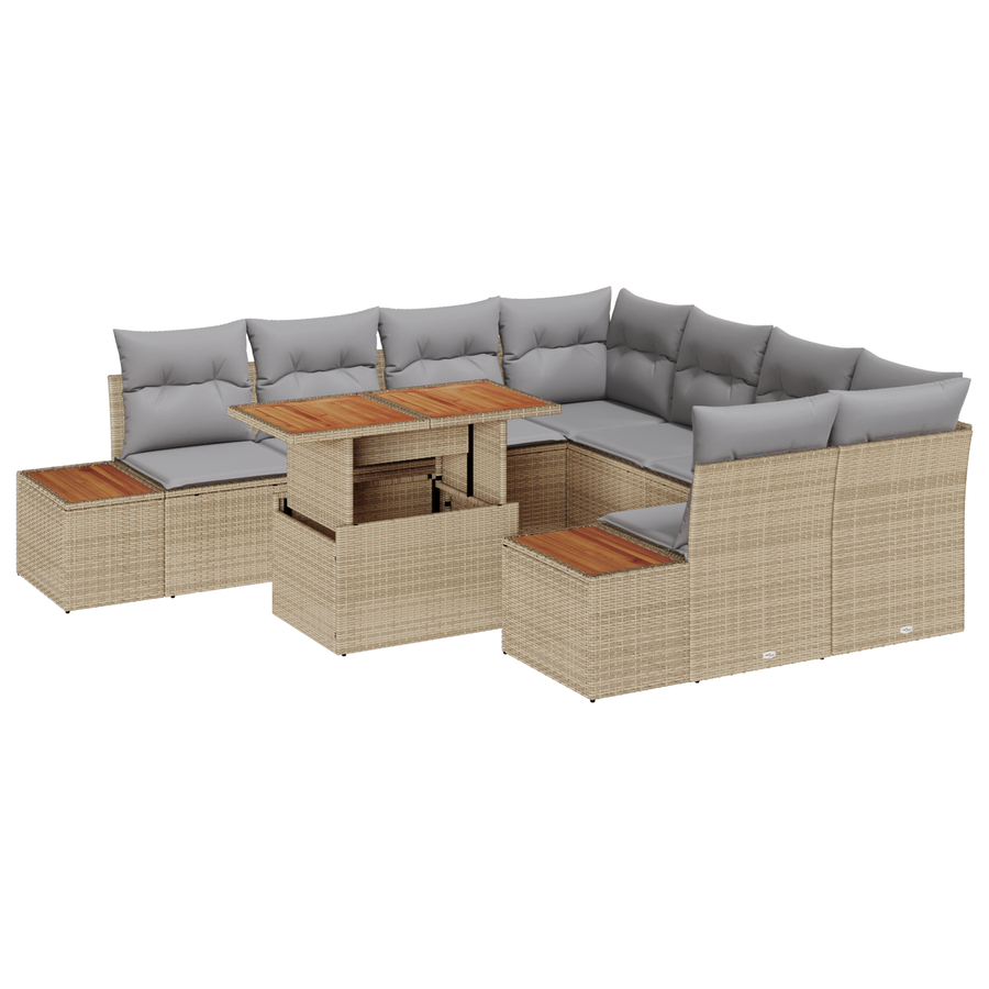 9-delige tuinset met kussens in beige poly rattan