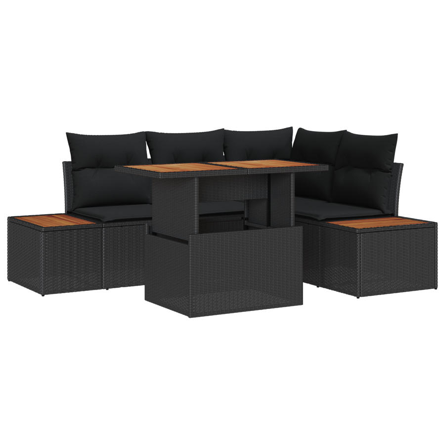 5-delige tuinset met kussens zwart poly rattan