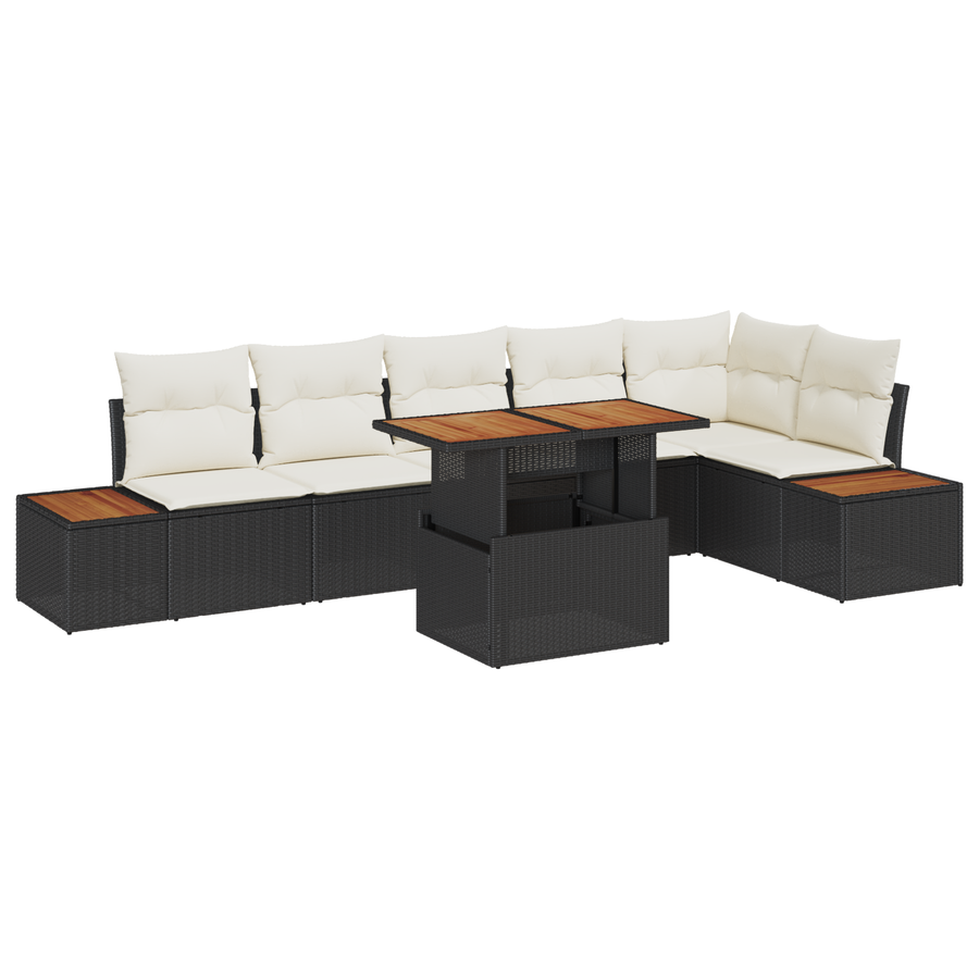 7-delige tuinset met kussens Zwart Poly Rattan