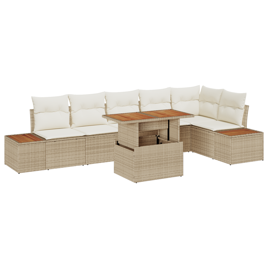 7-delige tuinset met kussens in beige poly rattan