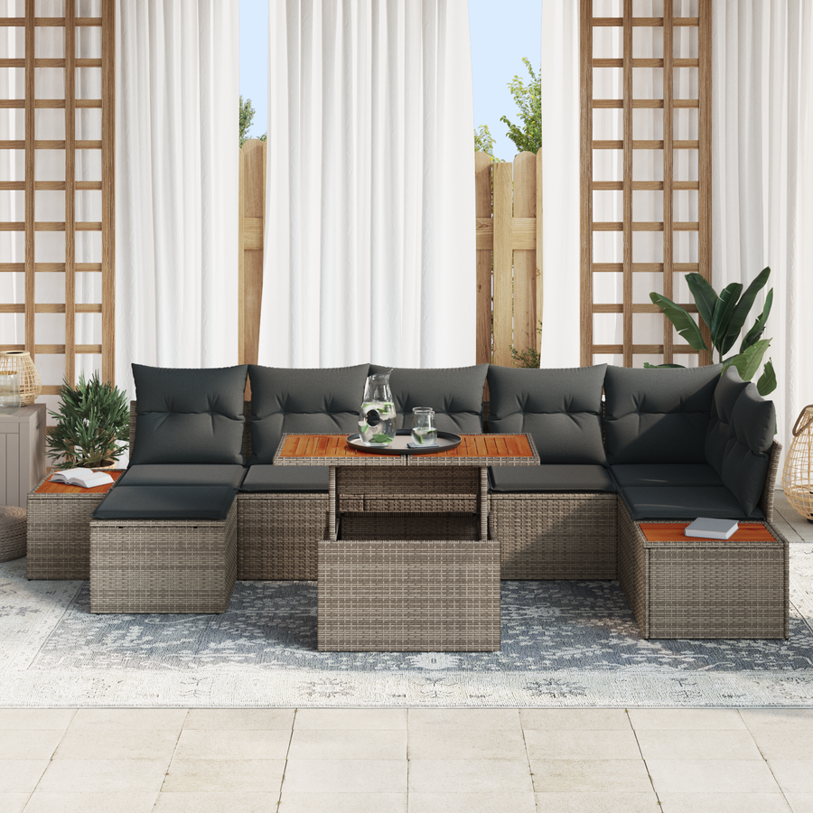 8-delige Tuinbankenset met kussens poly rattan grijs