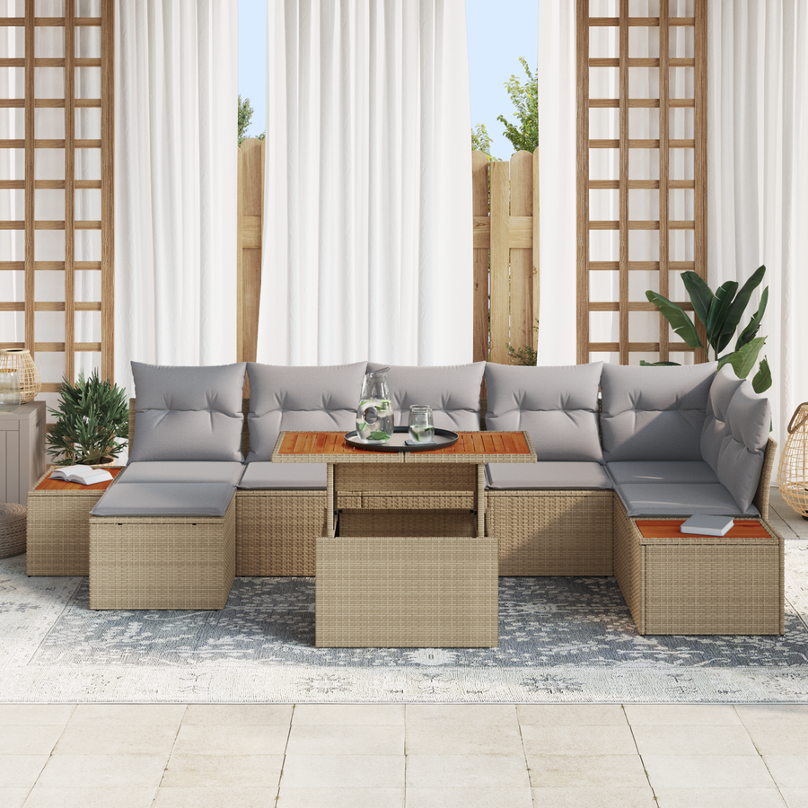 8-delige Tuinbankenset met kussens poly rattan beige