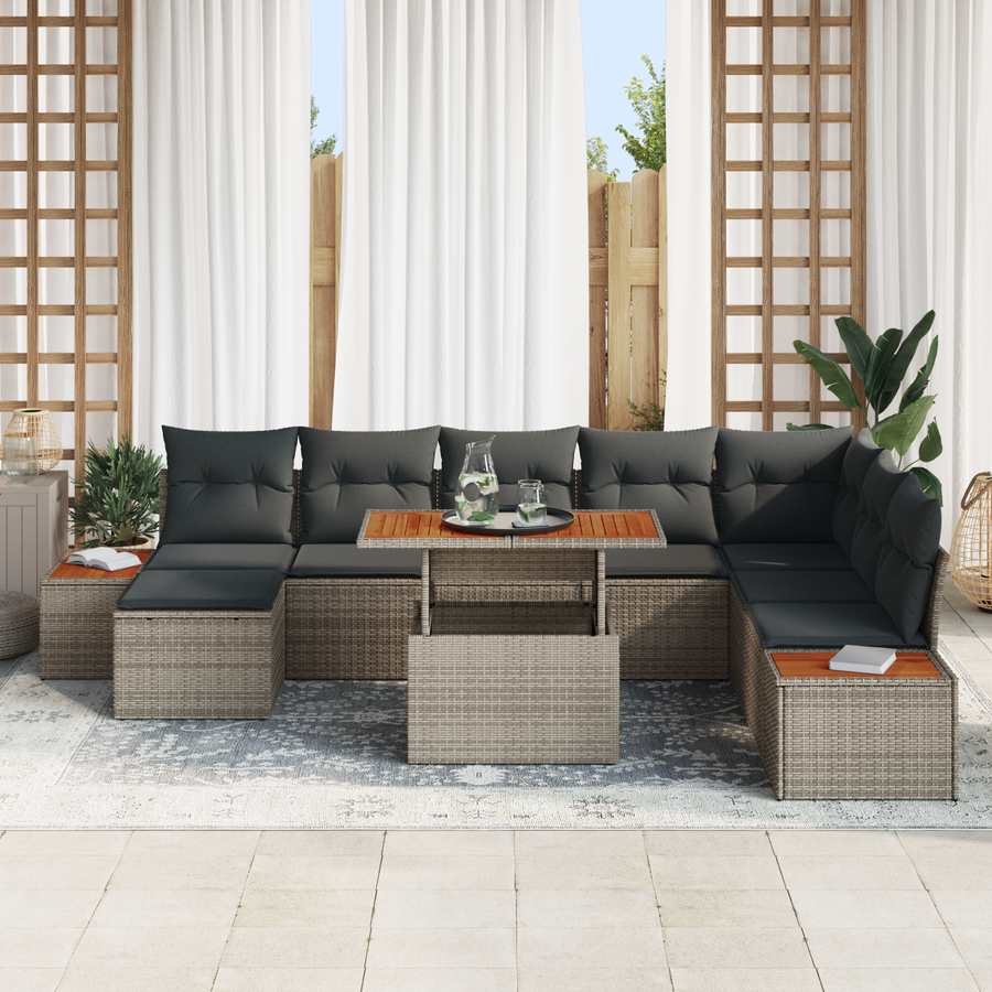 9-delige Tuinbankenset met kussens poly rattan grijs