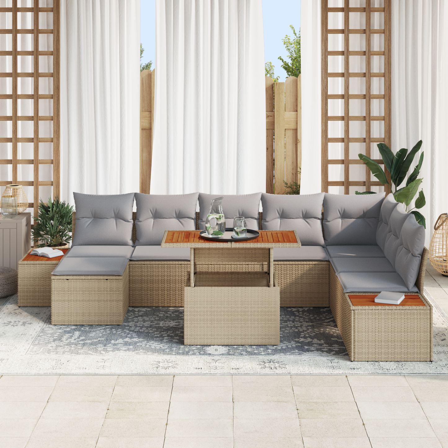 9-delige Tuinbankenset met kussens poly rattan beige