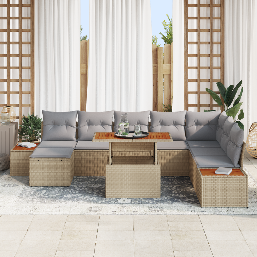 9-delige Tuinbankenset met kussens poly rattan beige
