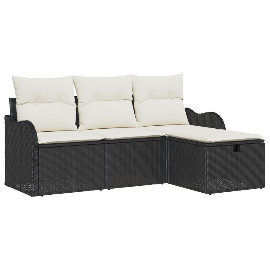 4-delige Tuinbankenset met kussens poly rattan zwart