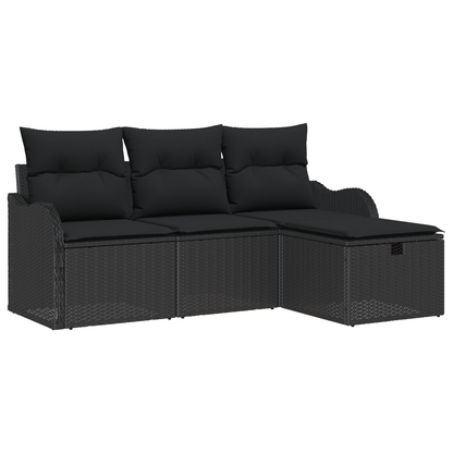 4-delige Tuinbankenset met kussens poly rattan zwart