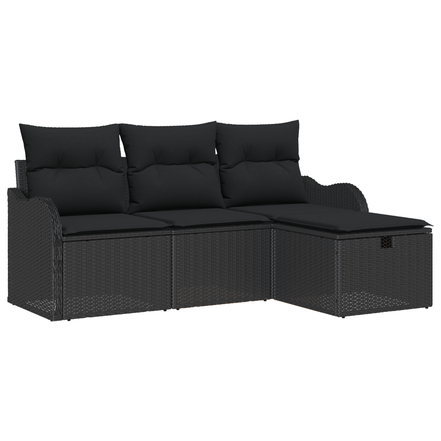4-delige Tuinbankenset met kussens poly rattan zwart