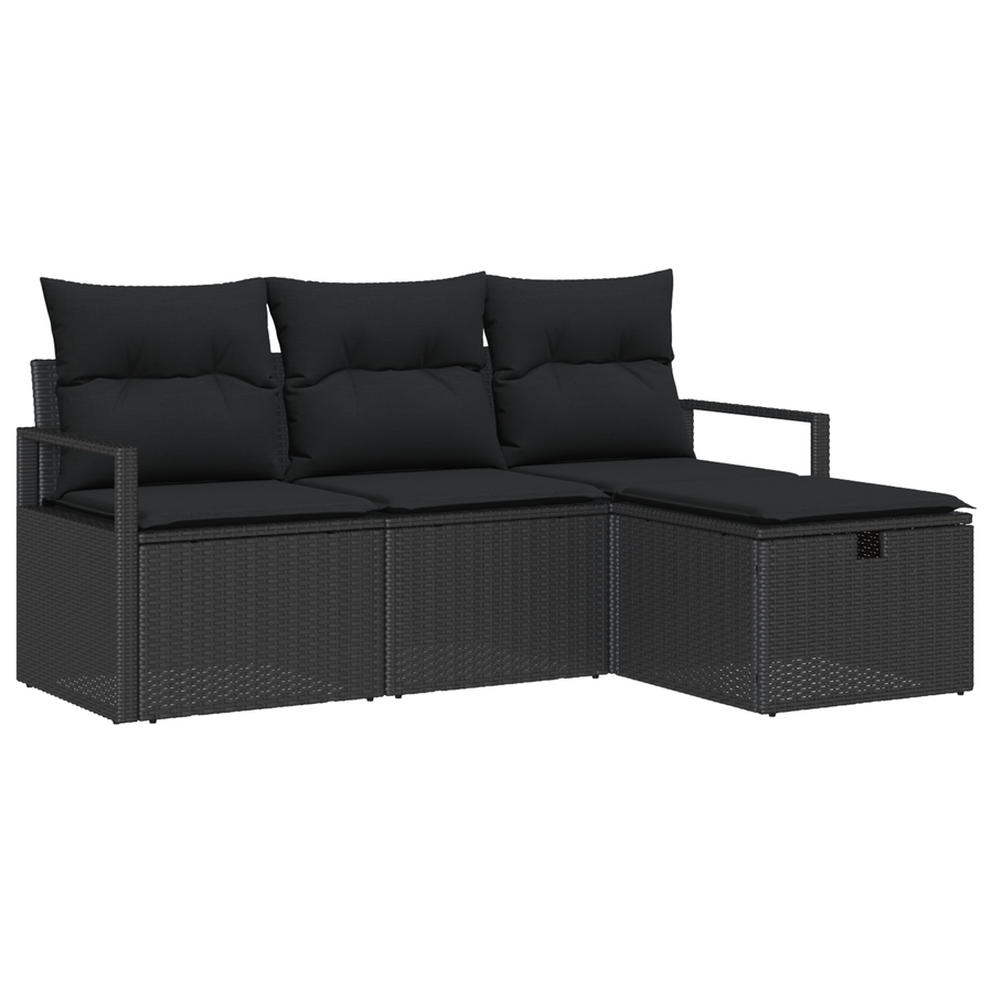 4-delige Tuinbankenset met kussens poly rattan zwart