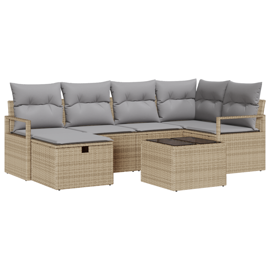 7-delige Tuinbankenset met kussens poly rattan beige