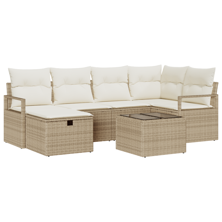 7-delige Tuinbankenset met kussens poly rattan beige