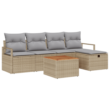 6-delige Tuinbankenset met kussens poly rattan beige