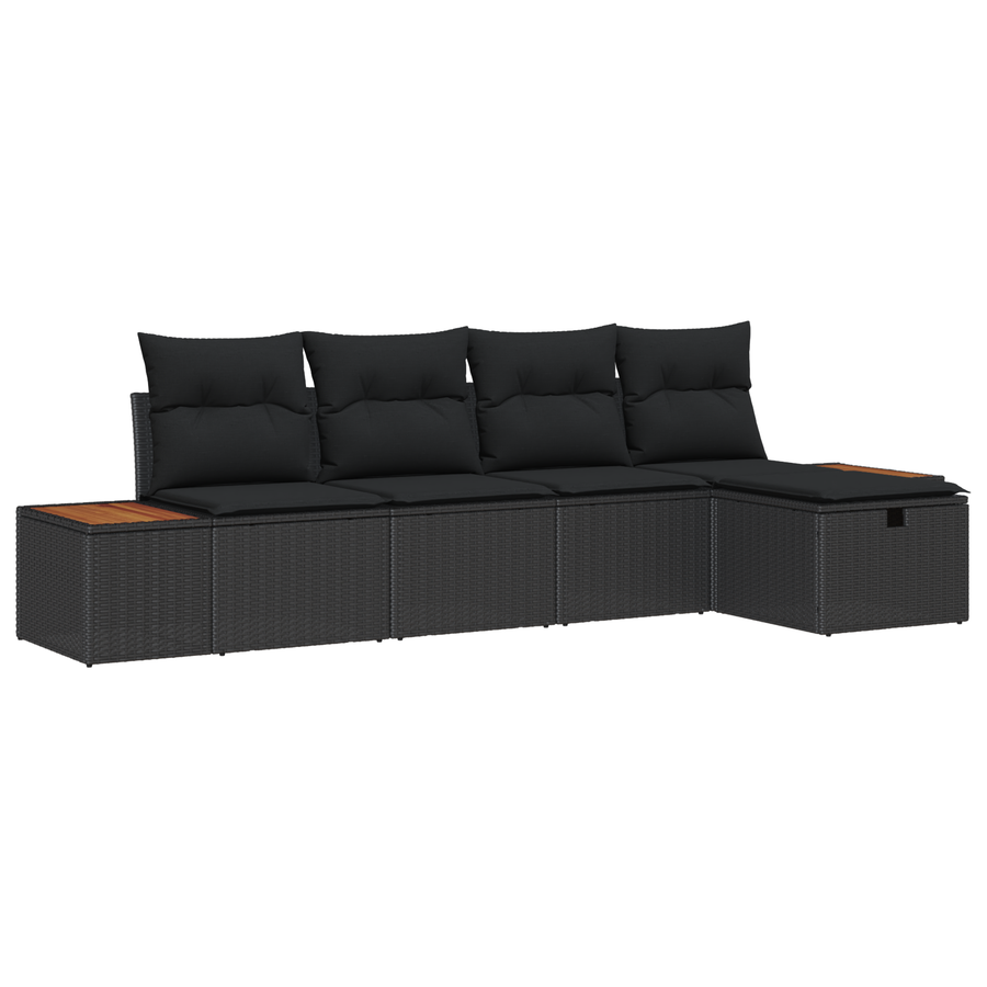 5-delige tuinbankset met kussens zwart poly rattan