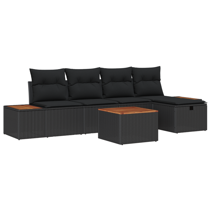 6-delige ligbed set met kussens zwart poly rattan
