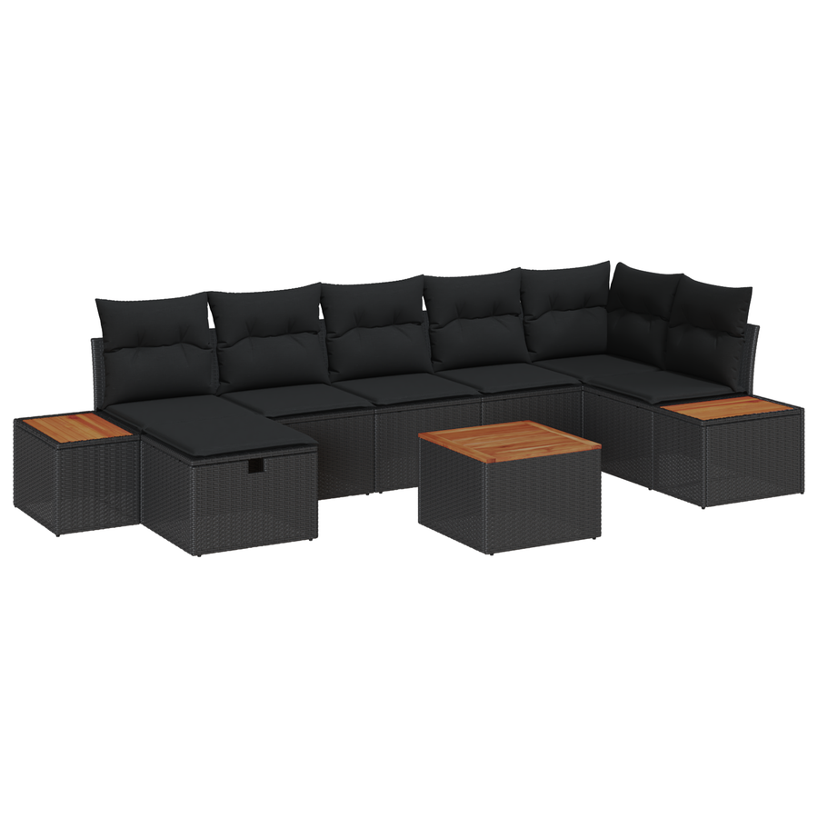 8-delige tuinset met kussens zwart poly rattan