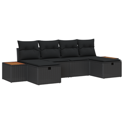 6-delige tuinset met kussens zwart poly rattan