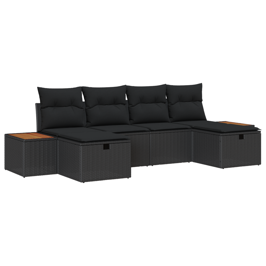 6-delige tuinset met kussens zwart poly rattan