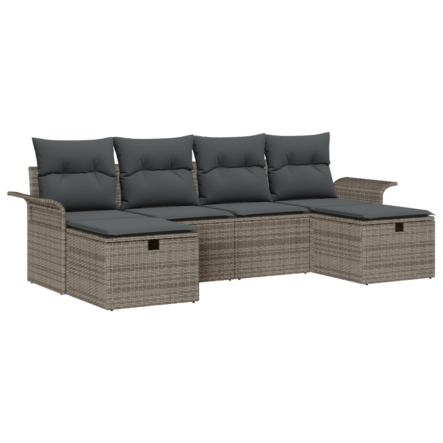 6-delige Tuinbankenset met kussens poly rattan grijs