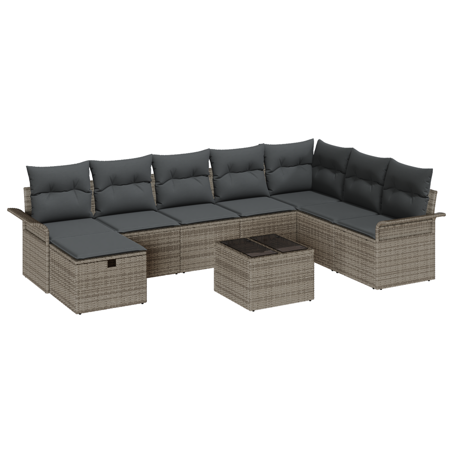 9-delige Tuinbankenset met kussens poly rattan grijs