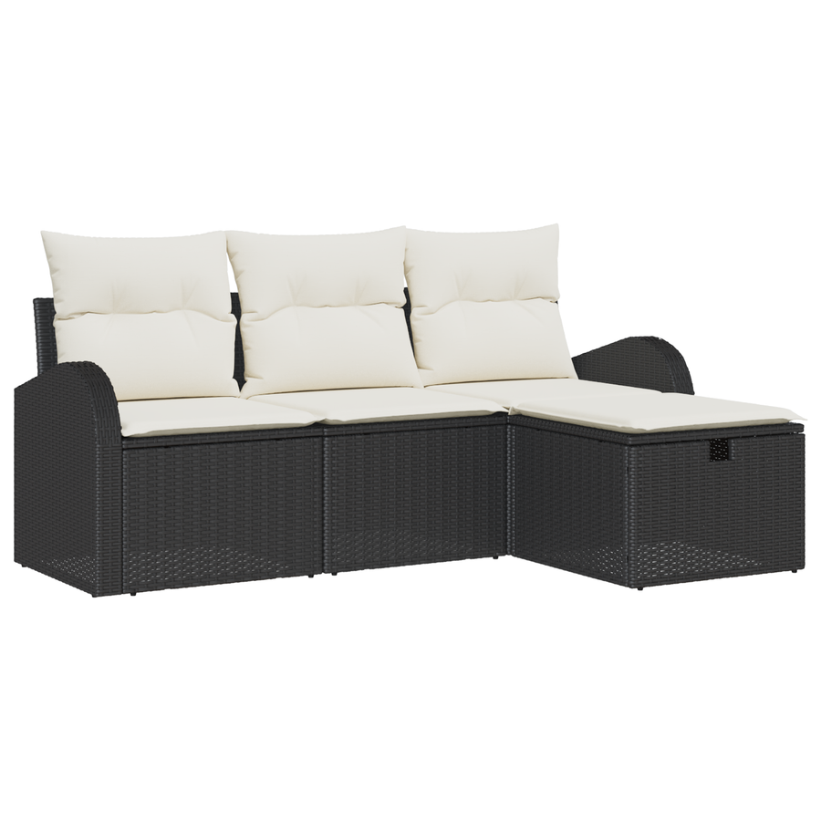 4-delige Tuinbankenset met kussens poly rattan zwart