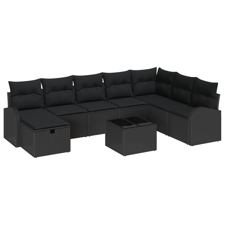 9-delige Tuinbankenset met kussens poly rattan zwart
