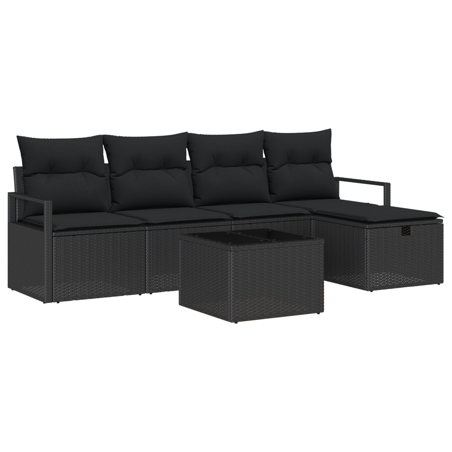 6-delige Tuinbankenset met kussens poly rattan zwart