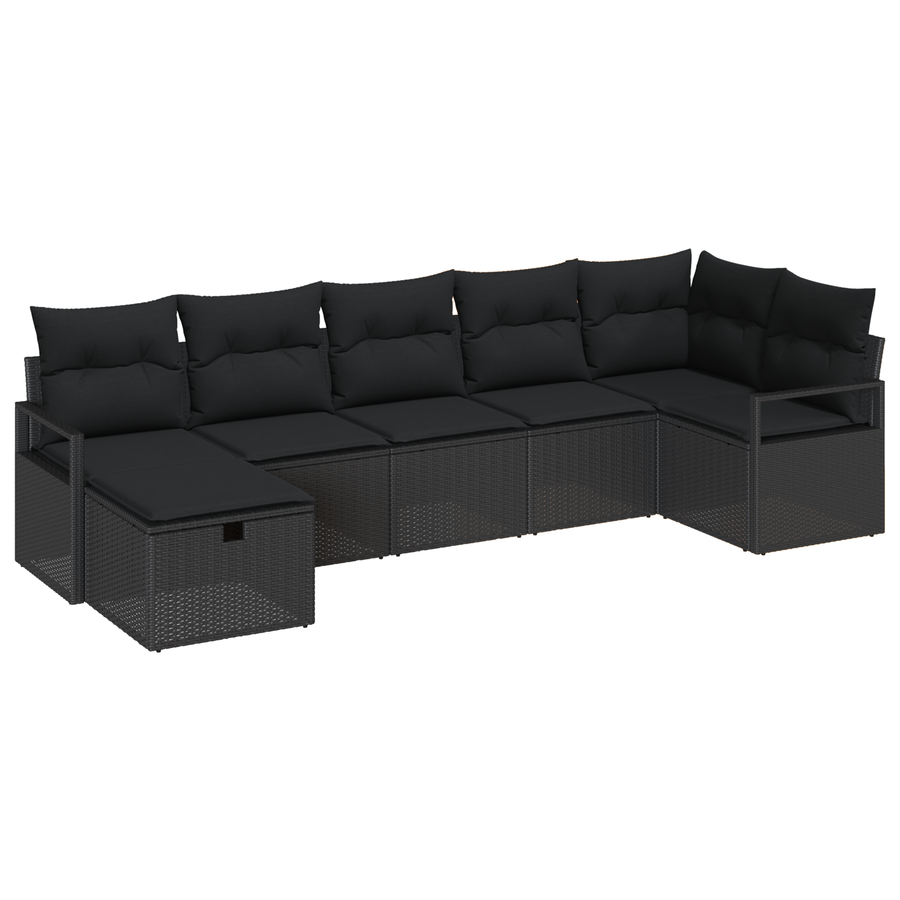 7-delige Tuinbankenset met kussens poly rattan zwart