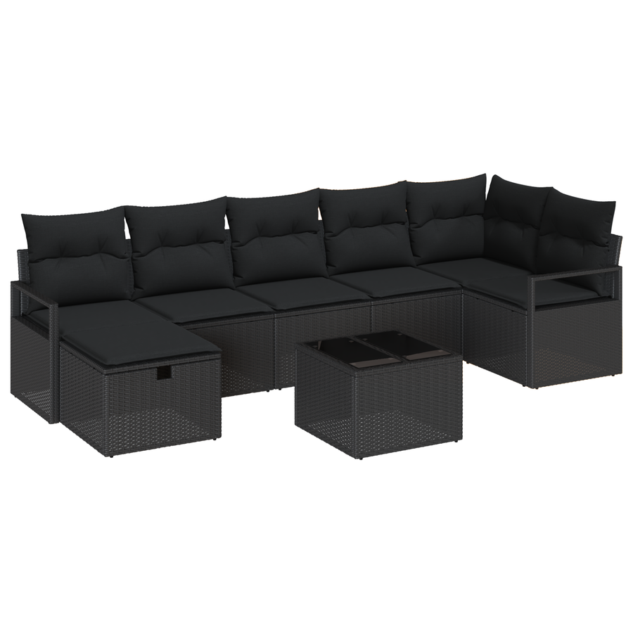 8-delige Tuinbankenset met kussens poly rattan zwart