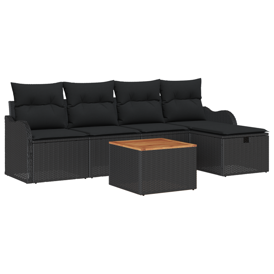 6-delige Tuinbankenset met kussens poly rattan zwart
