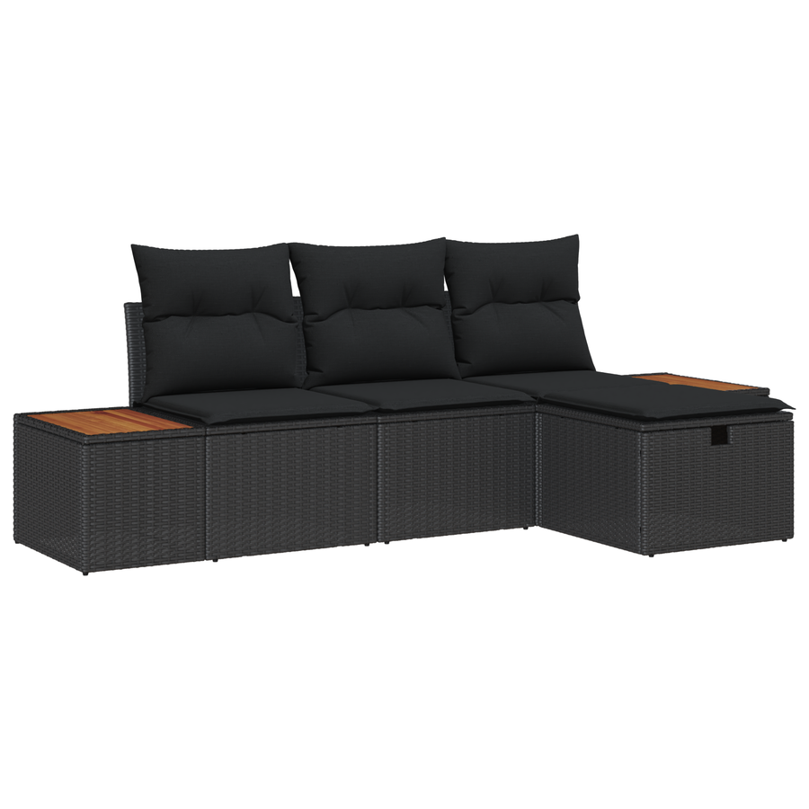 4-delige Tuinbankenset met kussens poly rattan zwart
