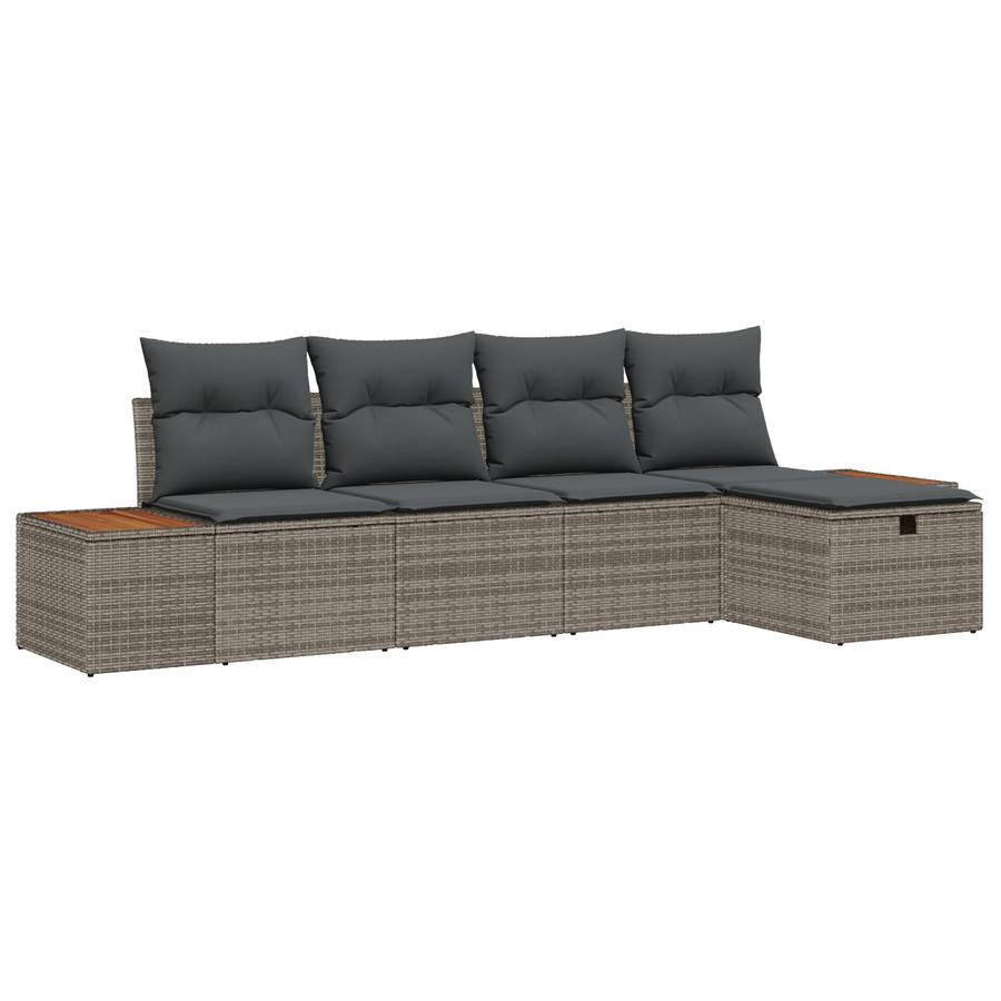 5-delige Tuinbank Set met Kussens Grijs Poly Rattan