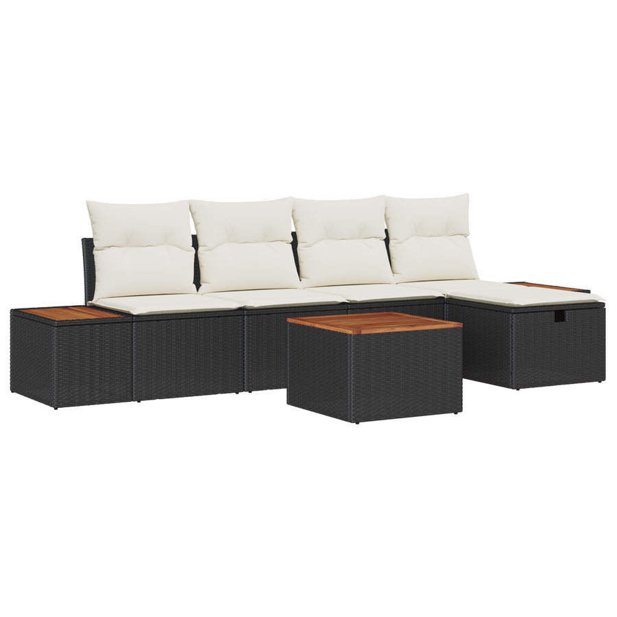 6-delige tuinbankset met kussens zwart poly rattan