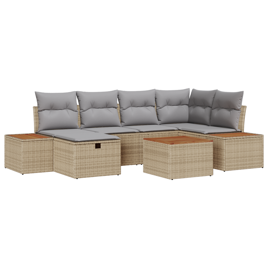 7-delige Tuinbankenset met kussens poly rattan beige