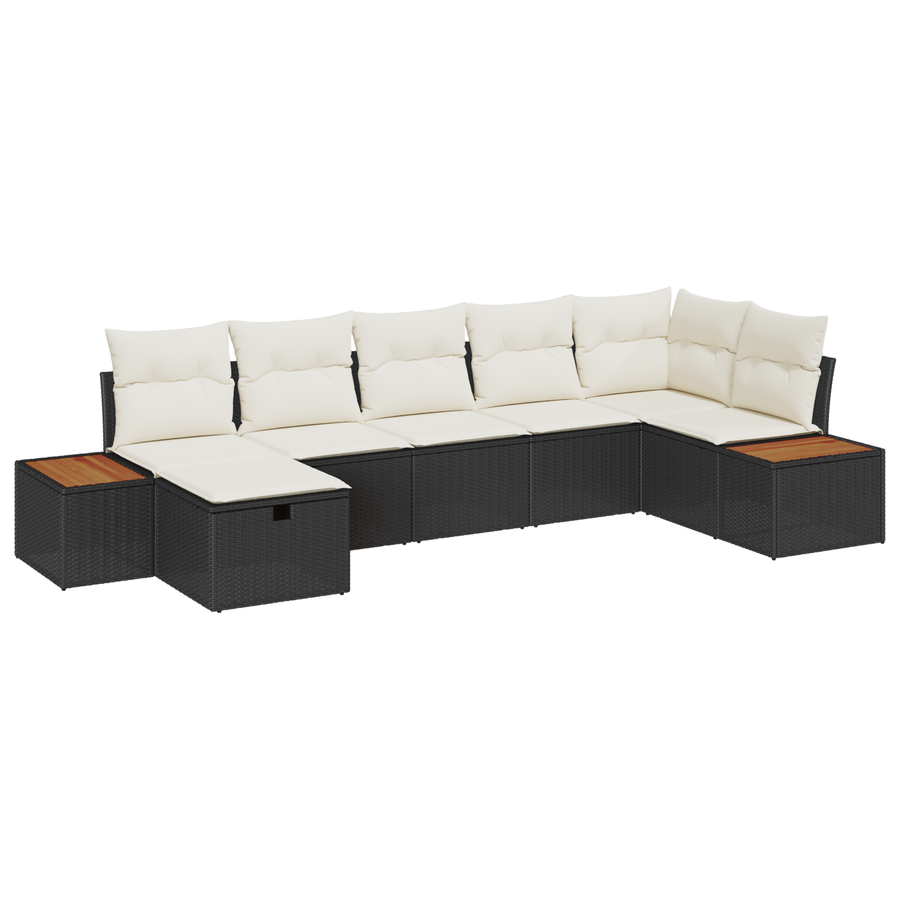7-delige tuinbankset met kussens zwart poly rattan