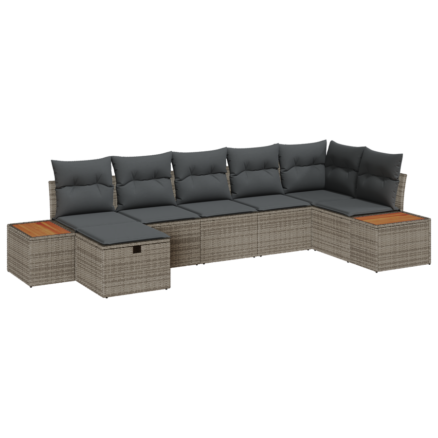 7-delige loungeset met kussens in grijs poly rattan