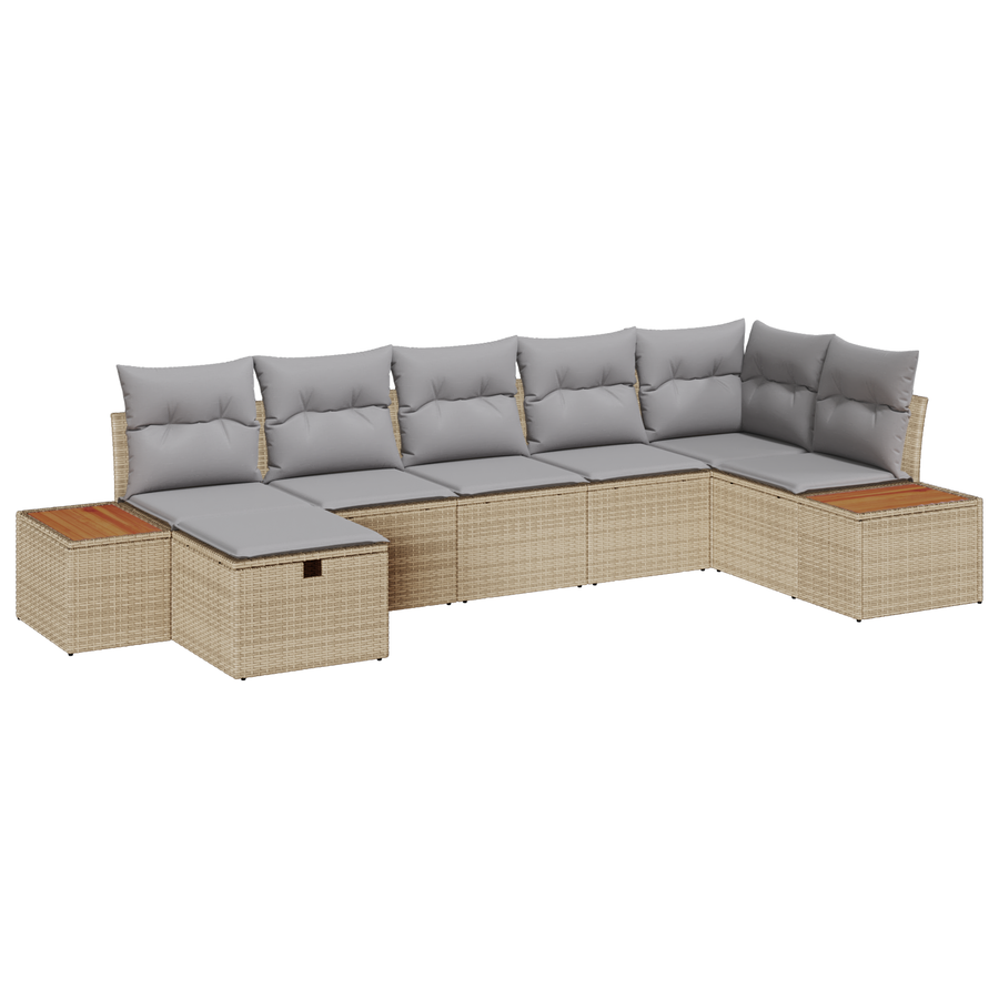 7-delige tuinset met kussens in beige poly rattan