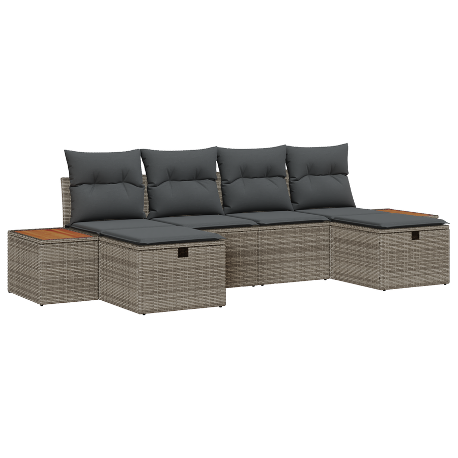 6-delige Tuinbankenset met kussens poly rattan grijs