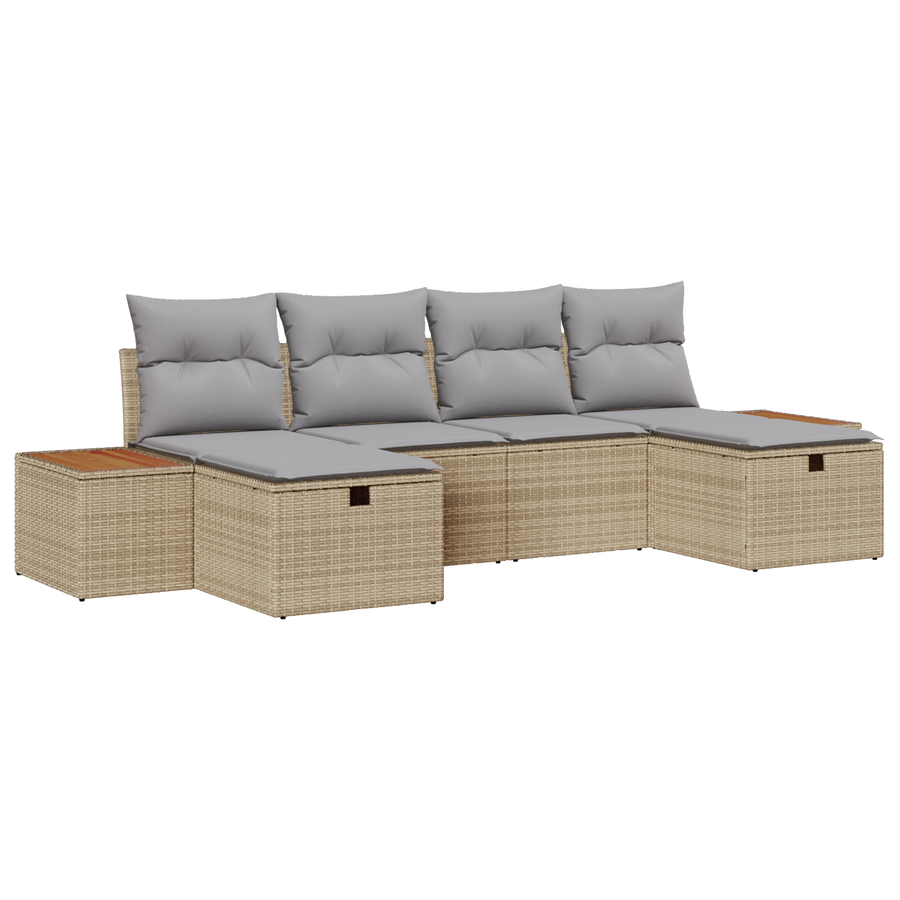 6-delige Tuinbankenset met kussens poly rattan beige