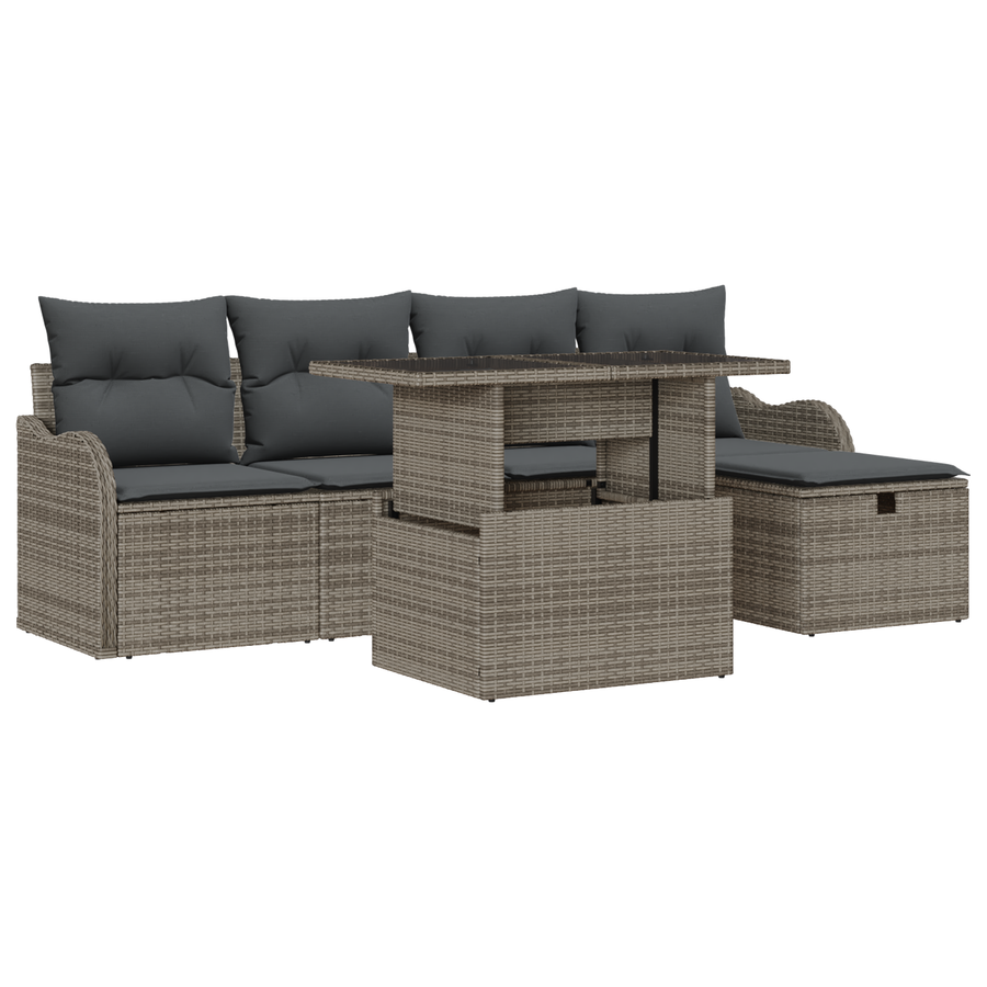 6-delige Tuinbankenset met kussens poly rattan grijs