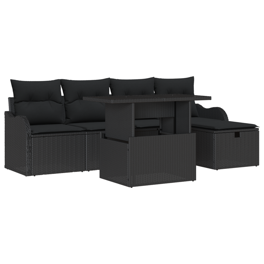 6-delige Tuinbankenset met kussens poly rattan zwart