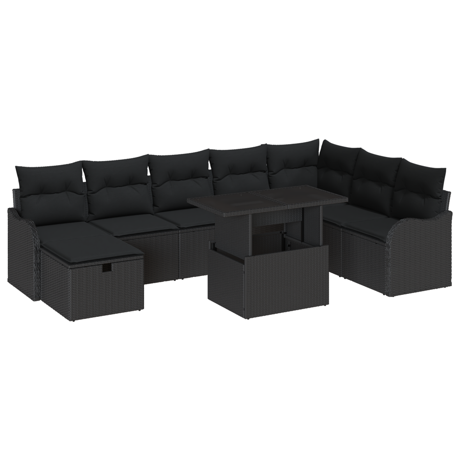 9-delige Tuinbankenset met kussens poly rattan zwart