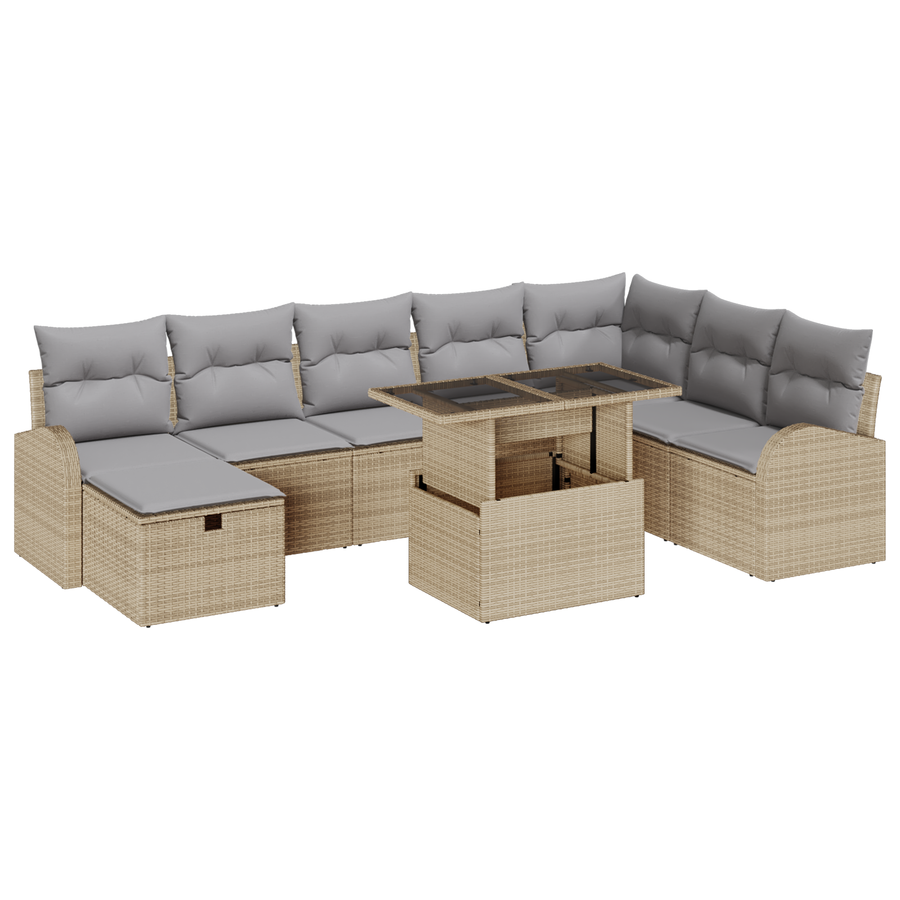 9-delige Tuinbankenset met kussens poly rattan beige