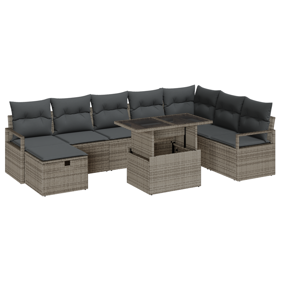 9-delige Tuinbankenset met kussens poly rattan grijs